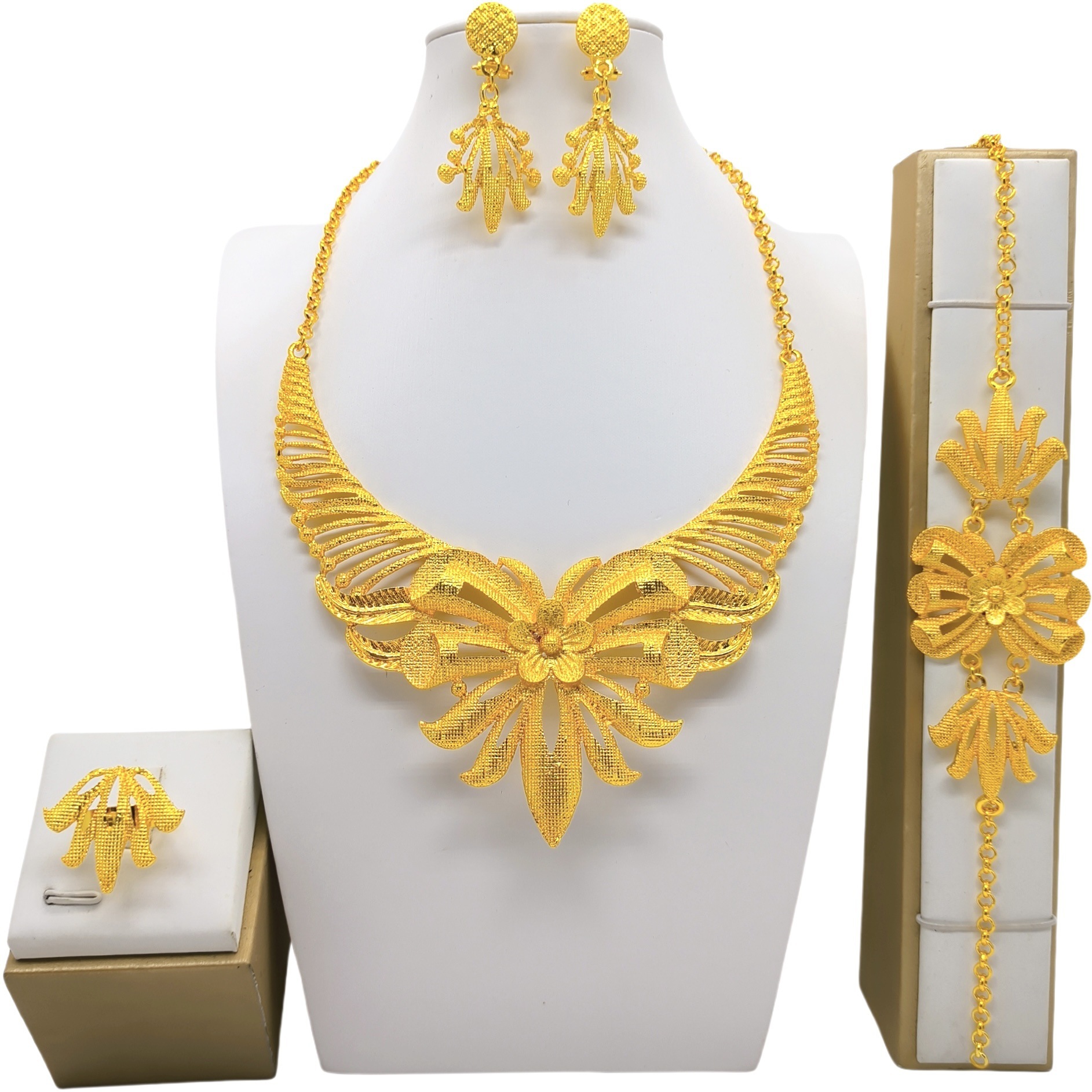 24K Gold Jewelry Suit Necklace Bracelet Earrings Four-piece Ring Set - Image 4