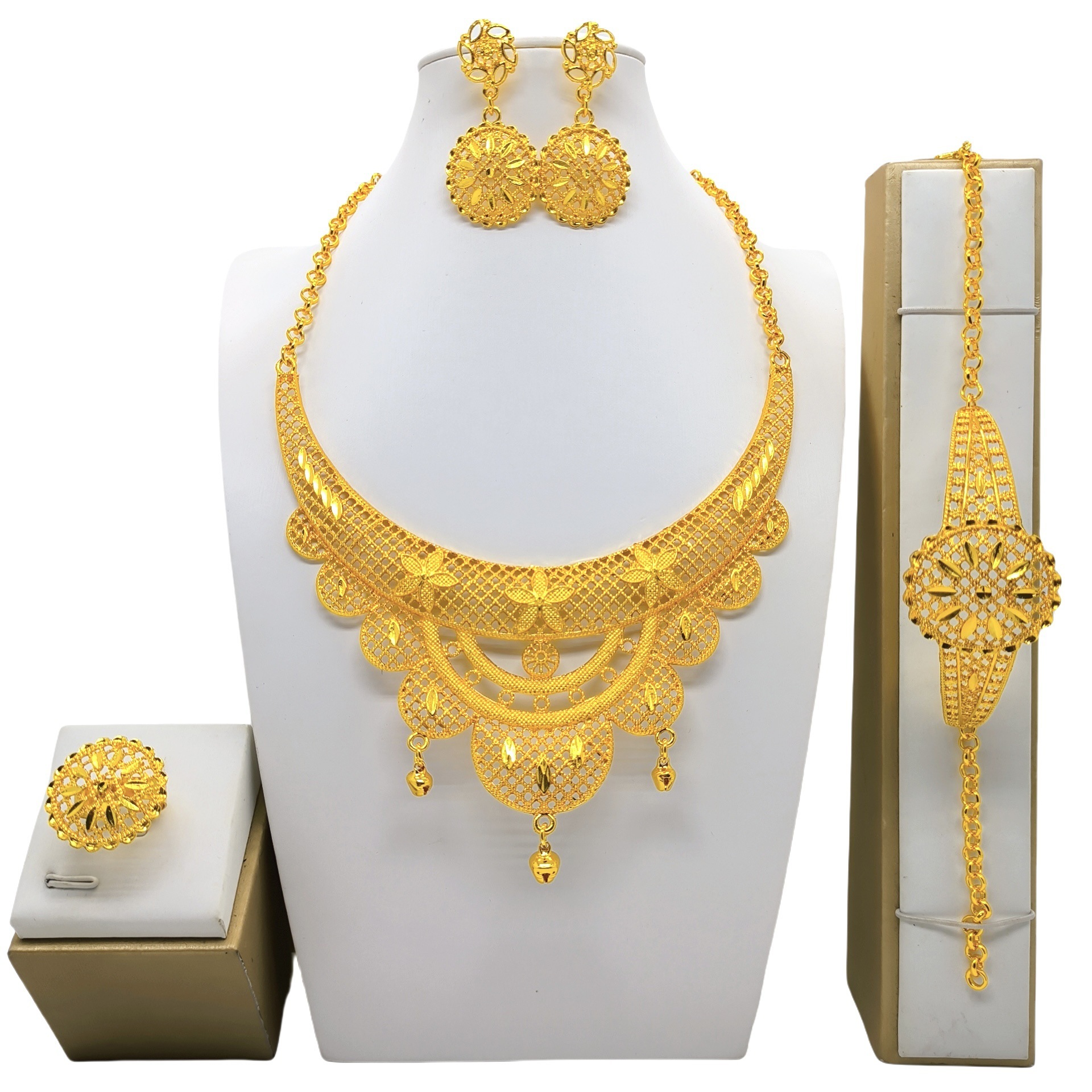 24K Gold Jewelry Suit Necklace Bracelet Earrings Four-piece Ring Set - Image 2