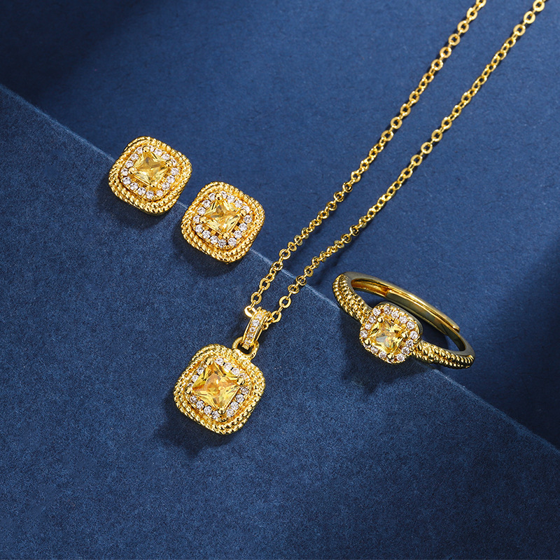 Women's Simple Small Sugar Cube Rings Ear Studs Jewelry Copper-plated Gold Jewelry Suit - Image 2