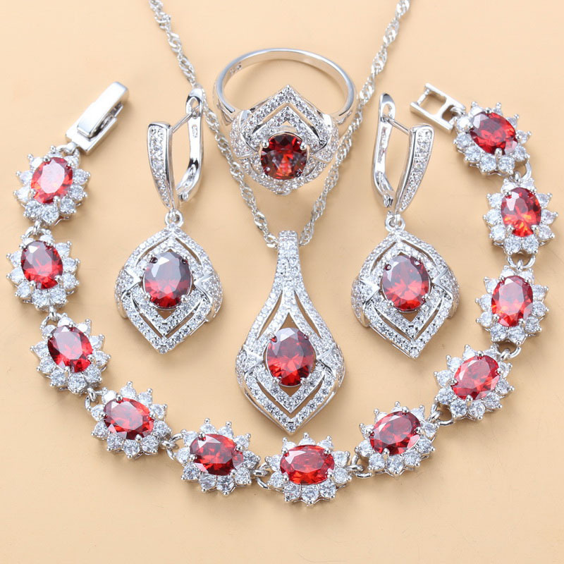 Inlaid Gemstone Pendant Earrings Necklace And Ring For Women 4 PCs Set