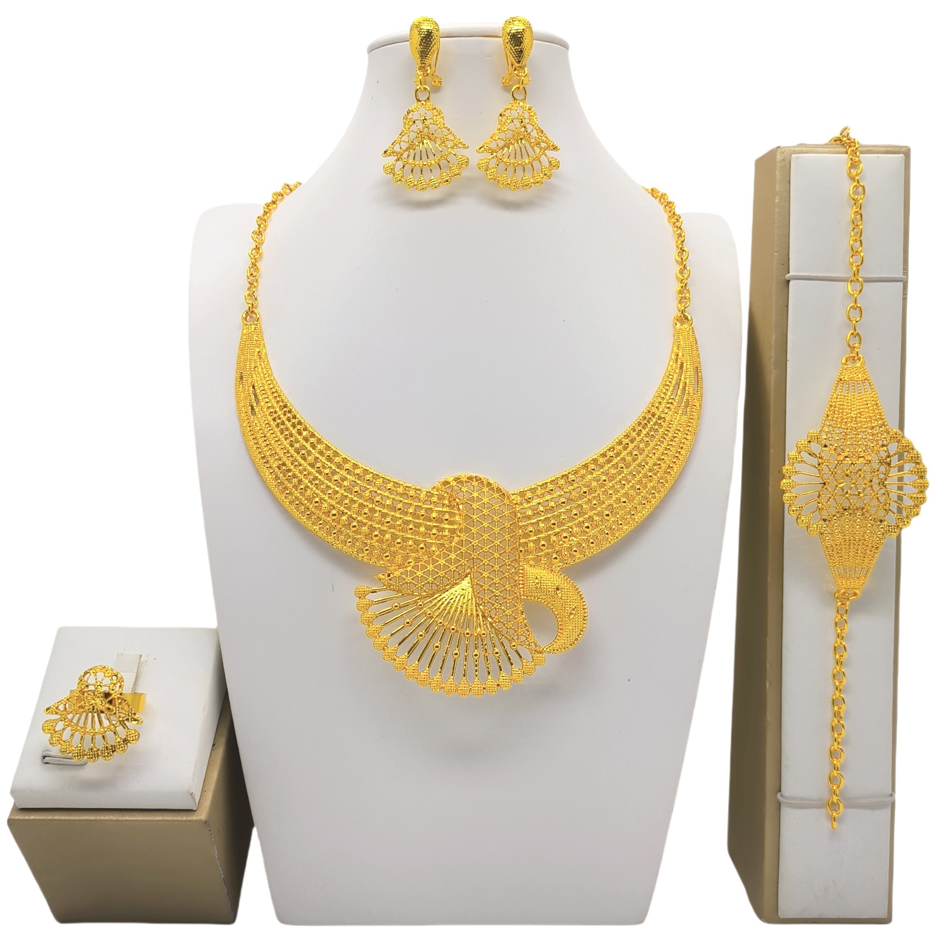 24K Gold Jewelry Suit Necklace Bracelet Earrings Four-piece Ring Set - Image 3