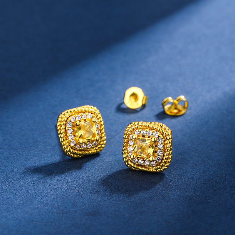 Women's Simple Small Sugar Cube Rings Ear Studs Jewelry Copper-plated Gold Jewelry Suit - Image 3