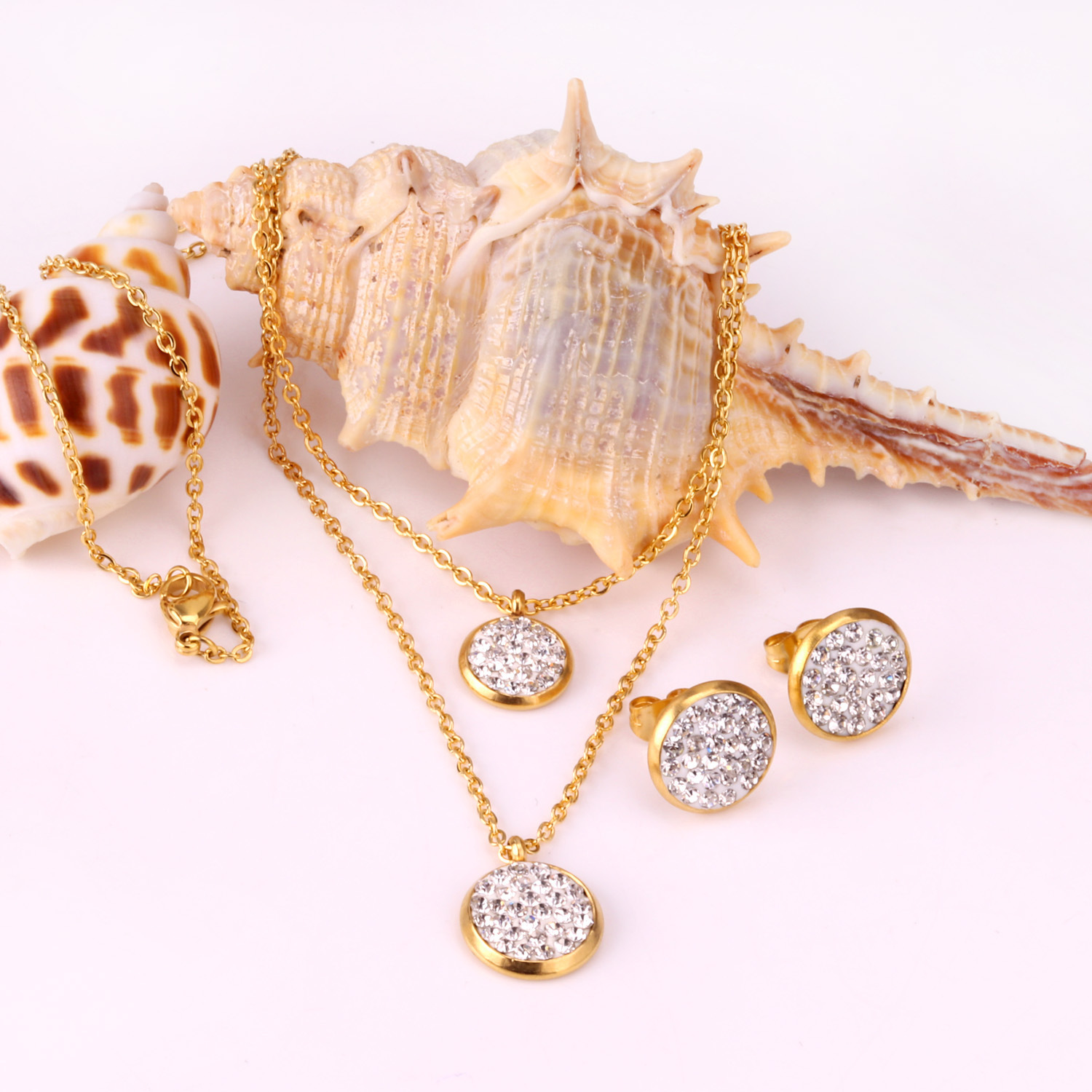 White Mud Pendant Double Chain Gold Stainless Steel Jewelry Set For Women